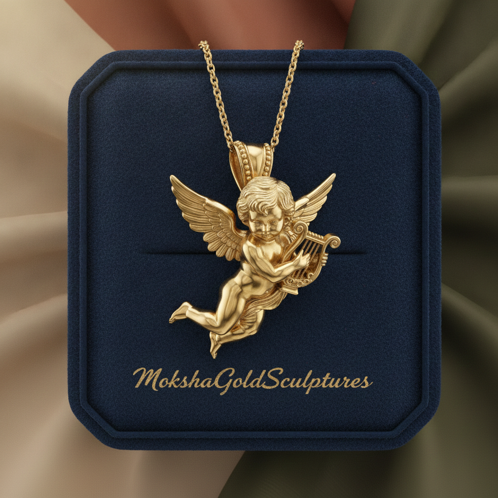 Golden Cherub Harp Pendant Necklace, Guardian Angel Jewelry, 9K Gold Angel Pendant, Sterling Silver Cherub Necklace, Religious Gift