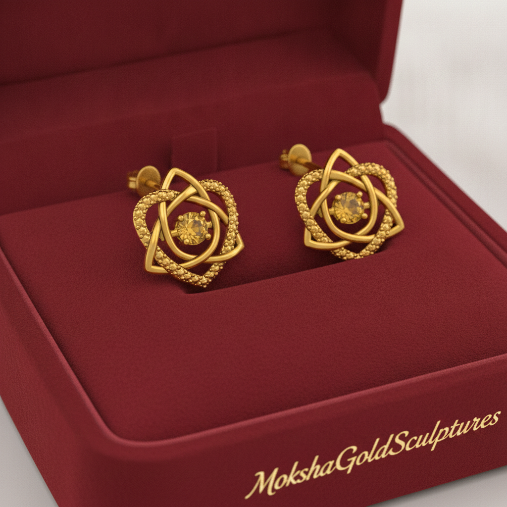 Celtic Trinity Knot Heart Stud Earrings in 9K gold and sterling silver by MokshaGoldSculptures.