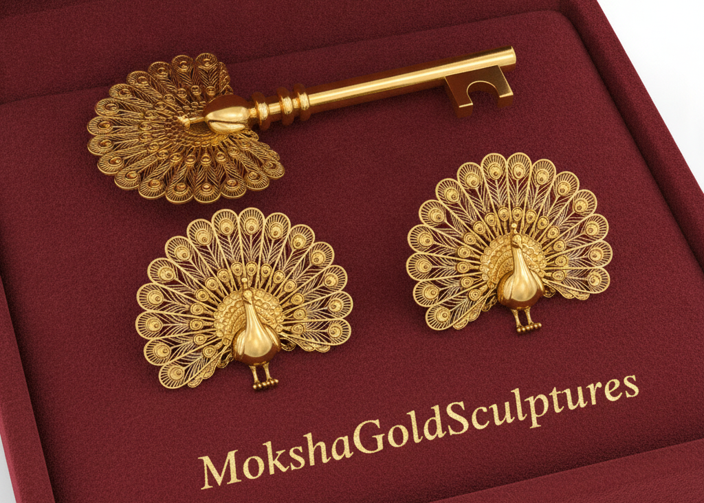 Peacock Stud Earrings in 9K Gold, Sterling Silver, or Brass by MokshaGoldSculptures presented in maroon gift box.