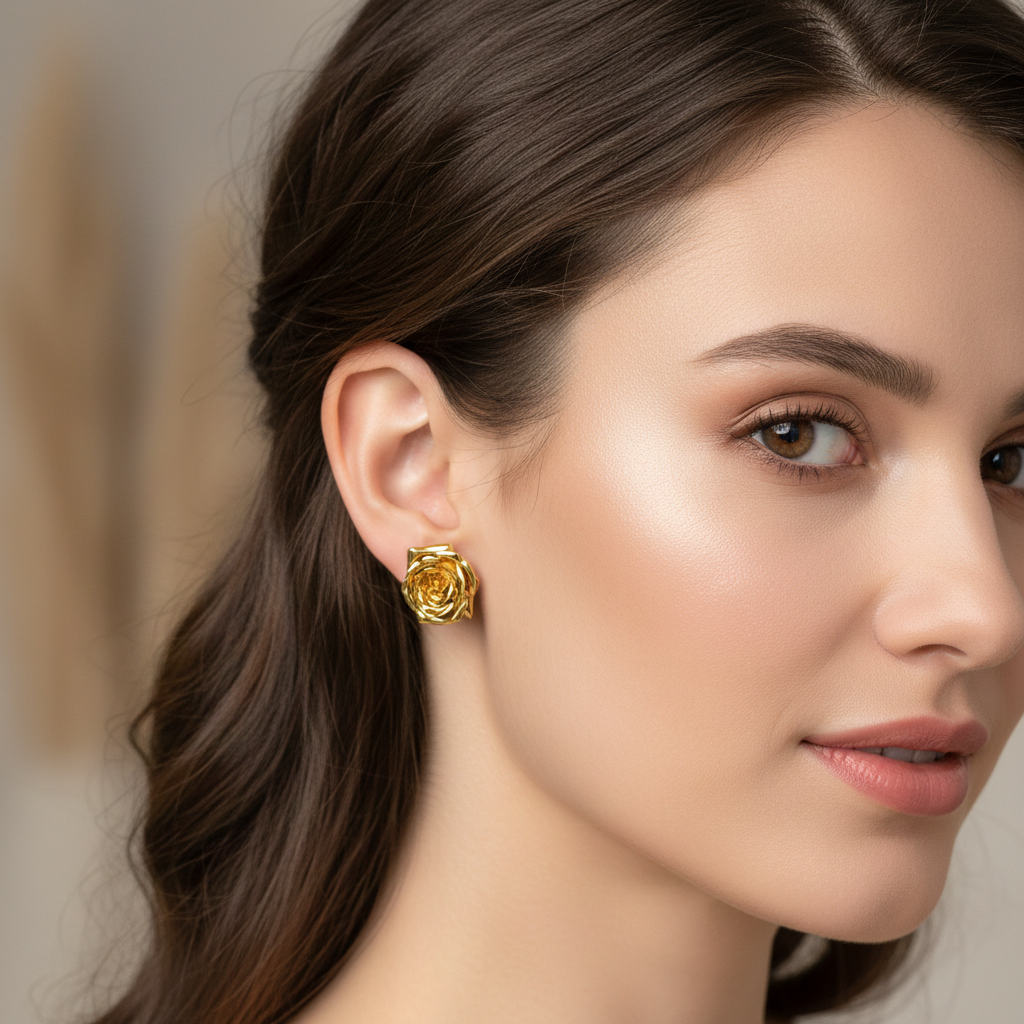 Polished Brass Rose Stud Earrings by MokshaGoldSculptures, worn by woman with smooth brown hair in close-up portrait.