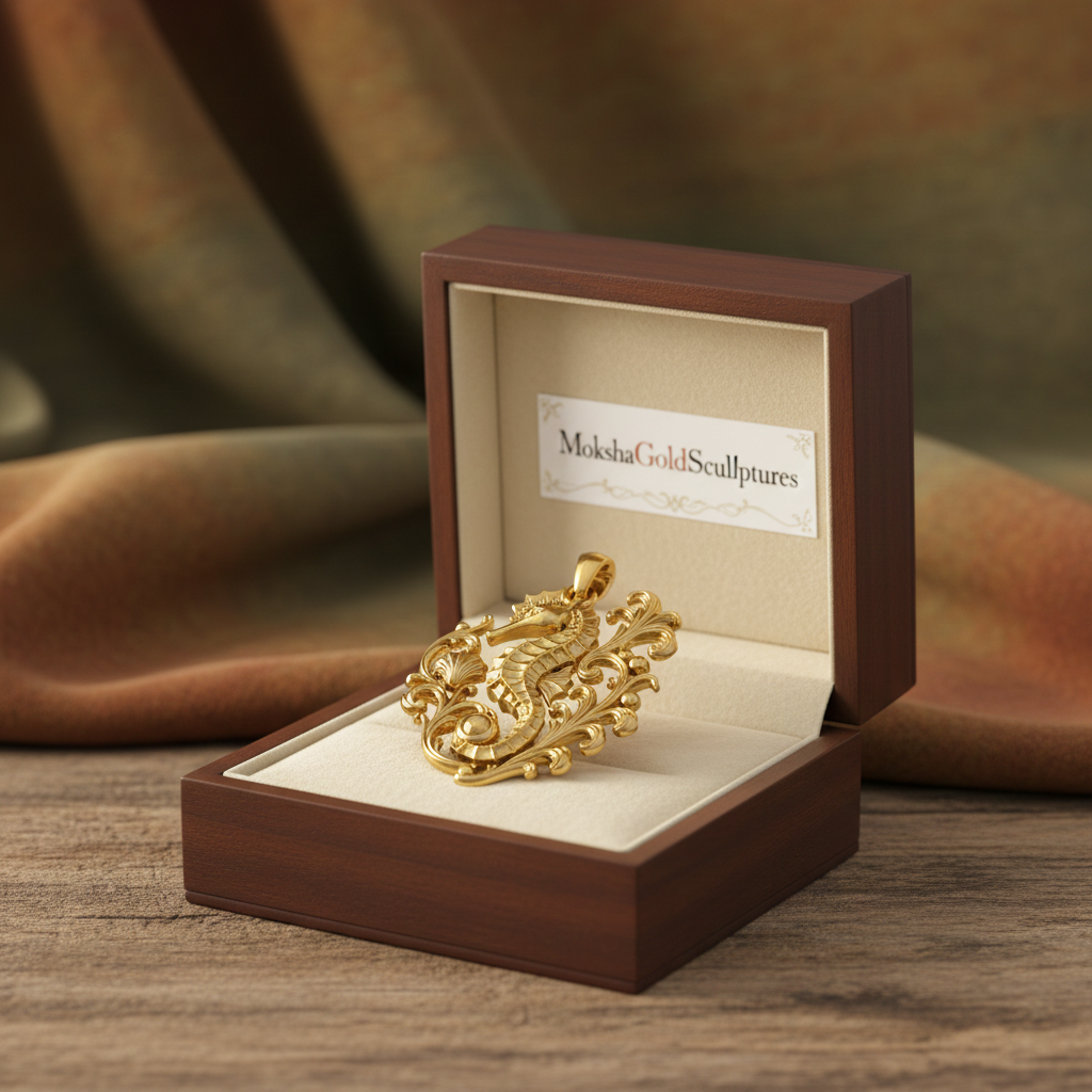 The Seahorse Pendant Necklace in gold, silver, brass by MokshaGoldSculptures in a branded box on wood with draped fabric.