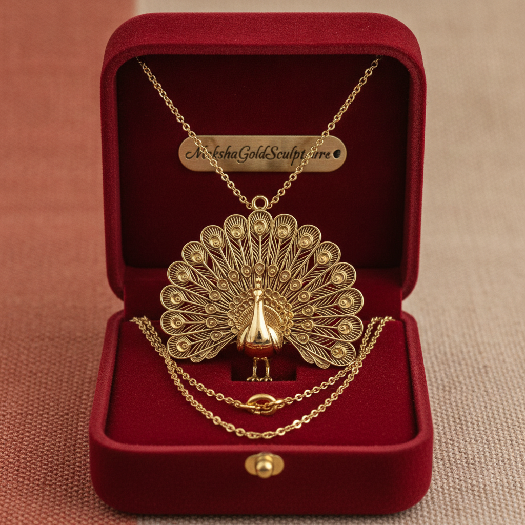 The Peacock Pendant Necklace in 9K gold, sterling silver, or polished brass by MokshaGoldSculptures, nature design.