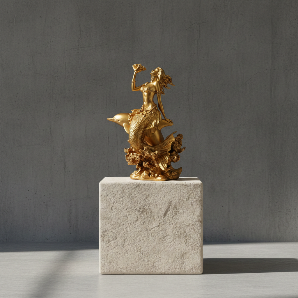 The Golden Mermaid with Dolphin PLA statue by MokshaGoldSculptures, intricate ocean design in matte finish.