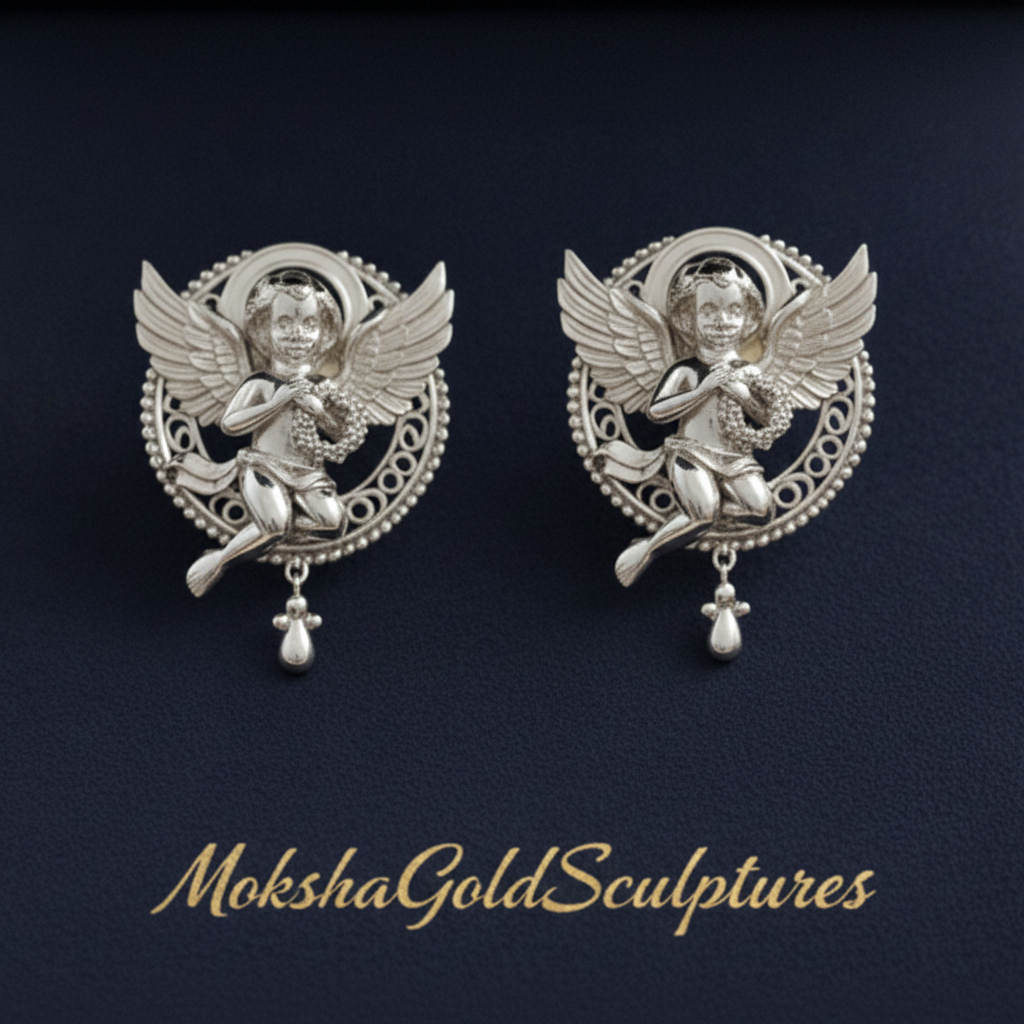 Golden Cherub Angel Stud Earrings | Guardian Angel Jewelry | 9K Gold, Sterling Silver & Yellow Brass | Handmade Religious Gift