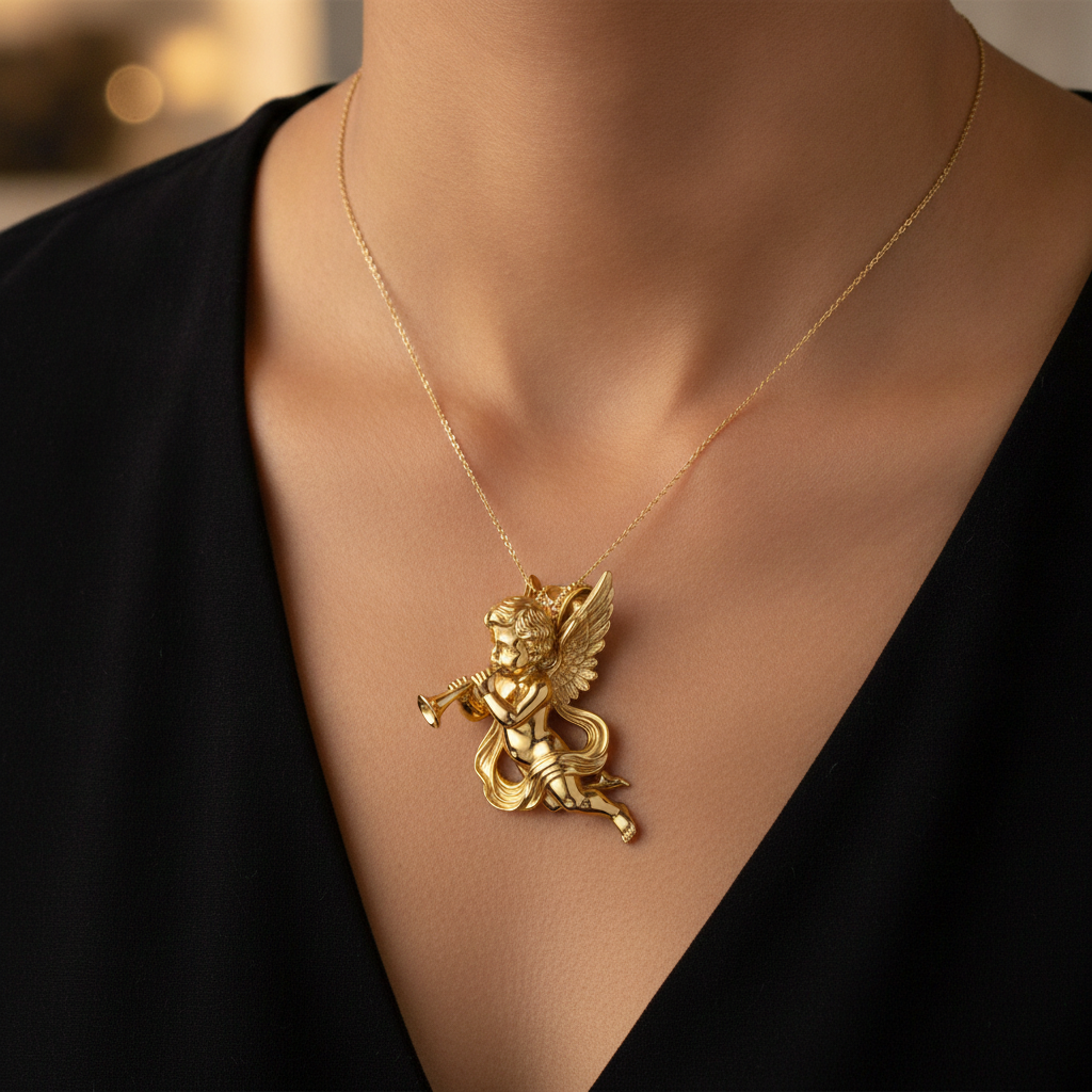 Golden Cherub Flute Pendant Necklace | Guardian Angel Jewelry | 9K Gold, Sterling Silver & Yellow Brass