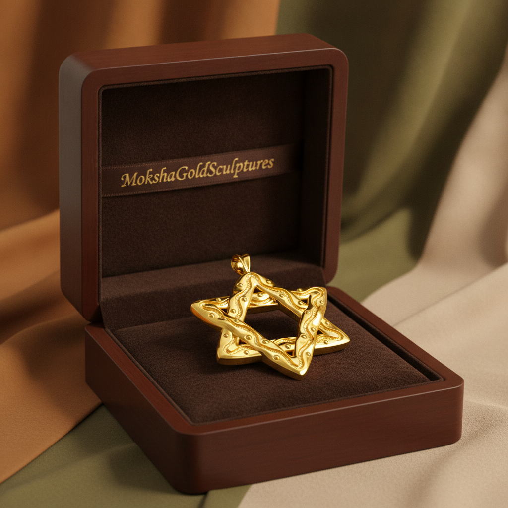 The Interwoven Star of David Pendant Necklace in polished yellow brass by MokshaGoldSculptures, Celtic hexagram design.