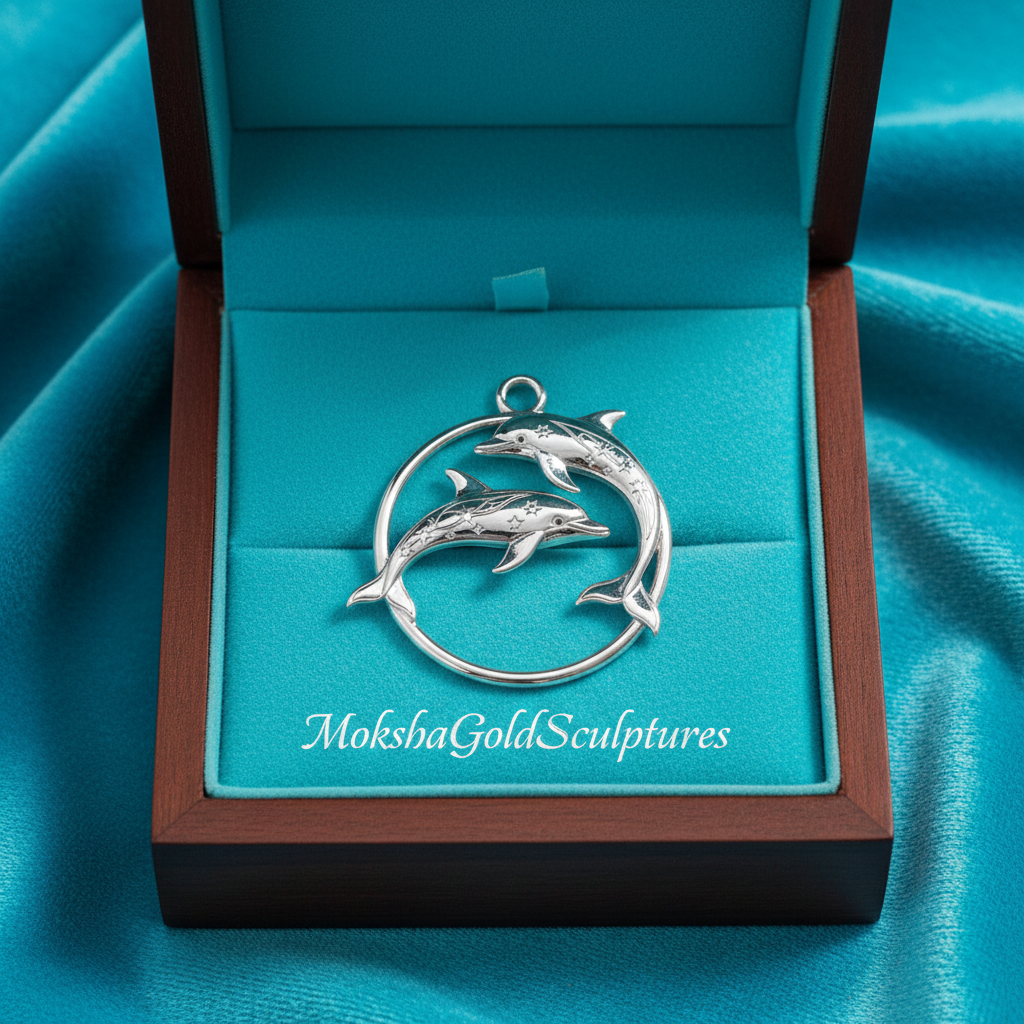 Polished Sterling Silver Dolphin Circle Pendant – Celestial Star Engraved Double Dolphin Necklace Charm – 25x23mm