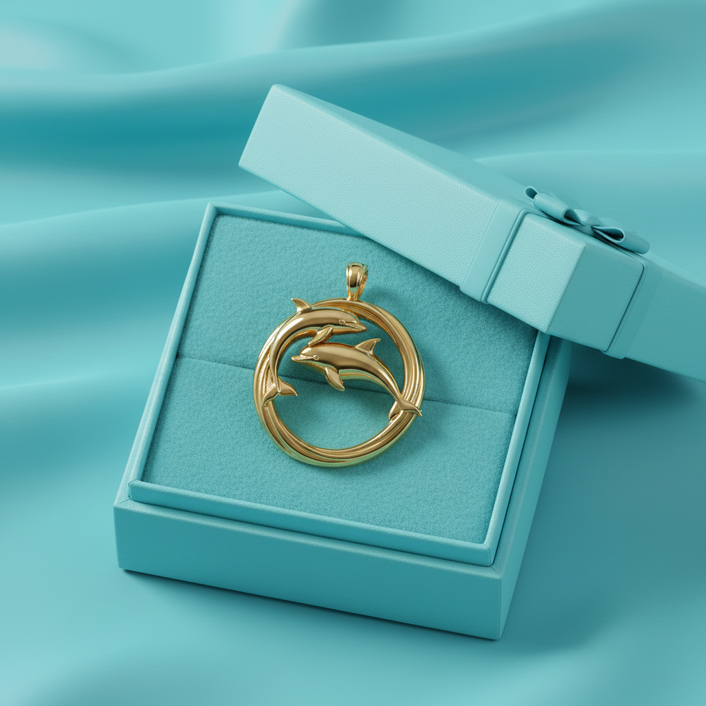 Polished Dolphin Circle Pendant with Bail – Classic Double Dolphin Necklace Charm – 29 x 23 mm