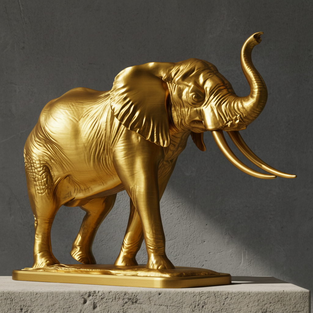 The Majestic Elephant Sculpture in gold finish by MokshaGoldSculptures, handmade with raised trunk and detailed texture.