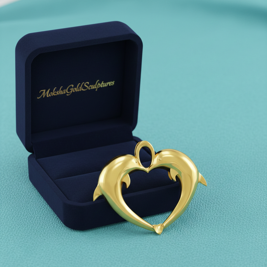 Gold Double Dolphin Heart Pendant with Integrated Bail – Polished Finish – 29 x 24 mm