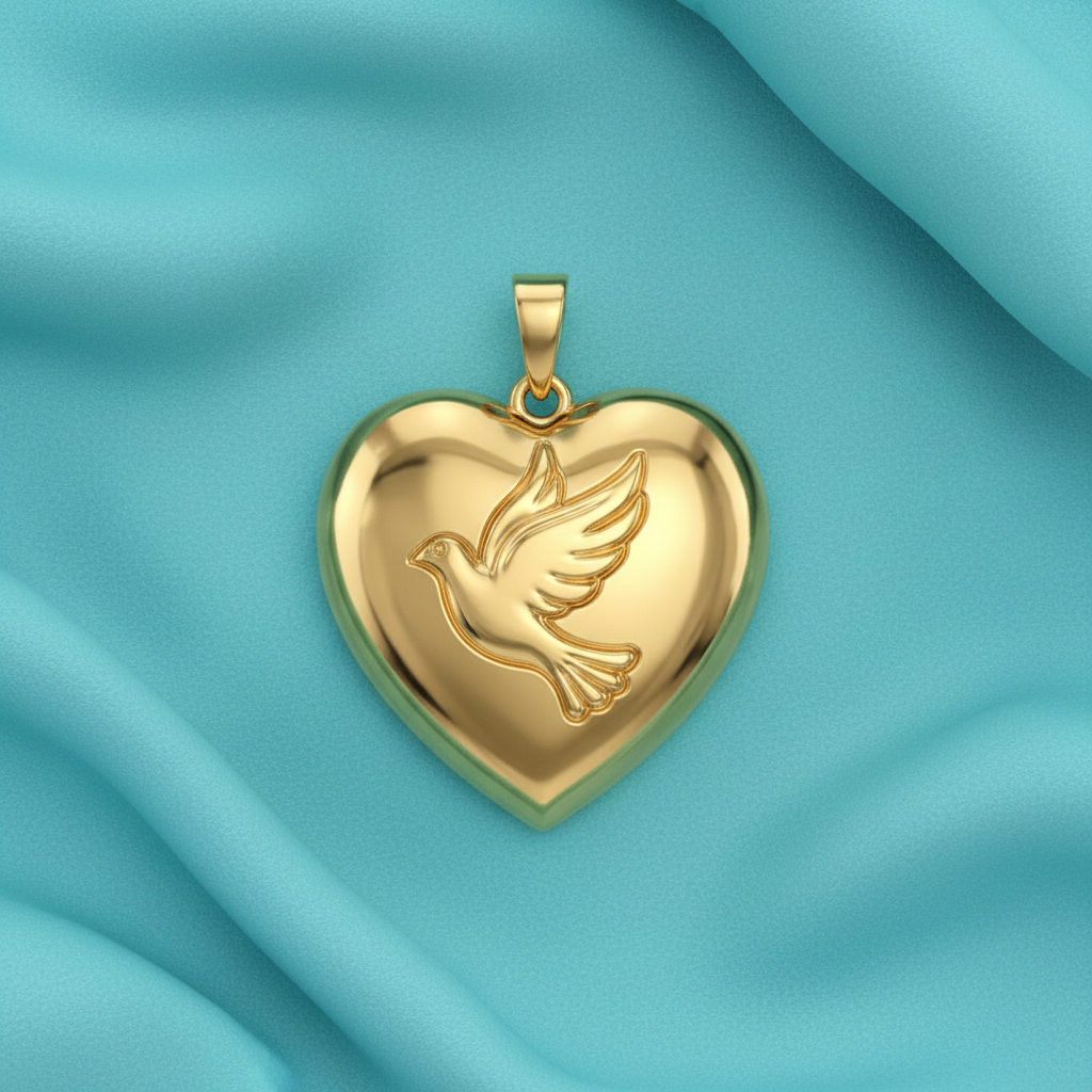 Holy Spirit Dove Heart Pendant – 30mm Polished Yellow Gold – Christian Faith Necklace, Religious 3D Relief Charm