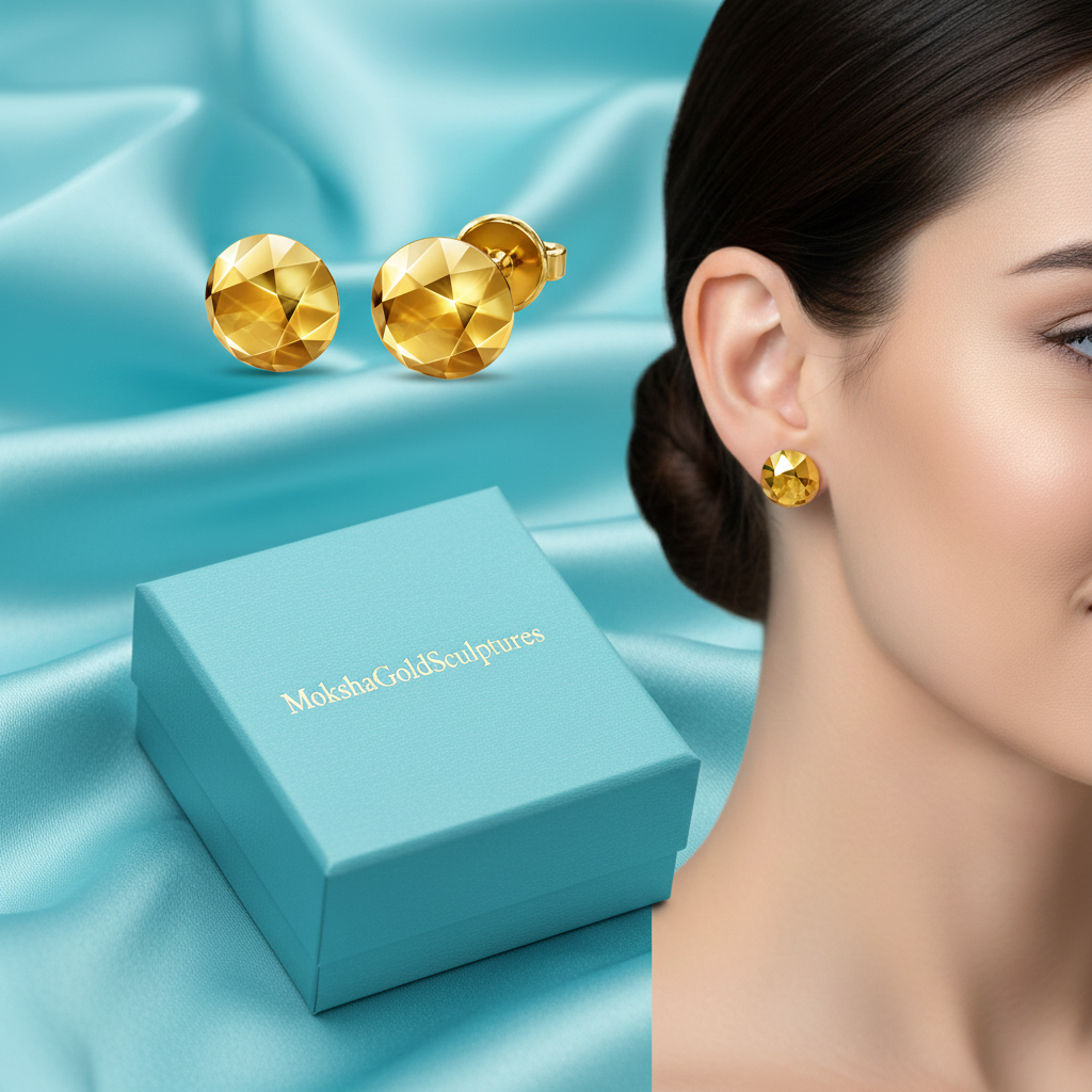Faceted Round Stud Earring – 10mm Geometric Dome Stud in Polished Gold