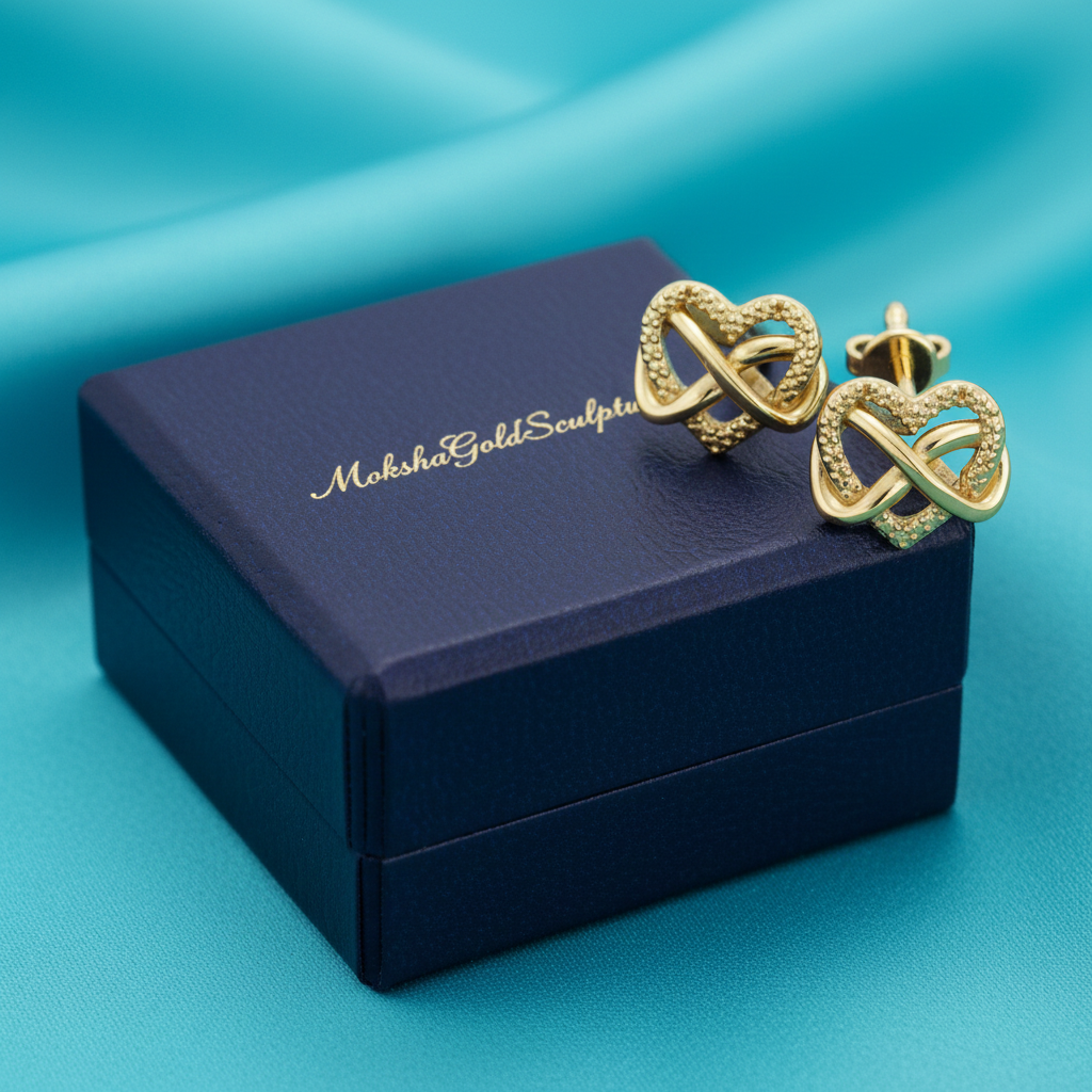 Intertwined Heart Stud Earrings in Gold | 20mm Modern Heart Studs | Lightweight Sculptural Love Knot Earrings
