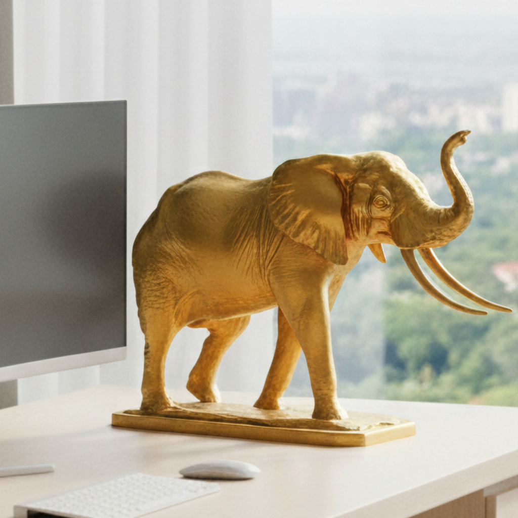 The Majestic Elephant Sculpture in gold finish by MokshaGoldSculptures, displayed on a desk with sunlight in the background.