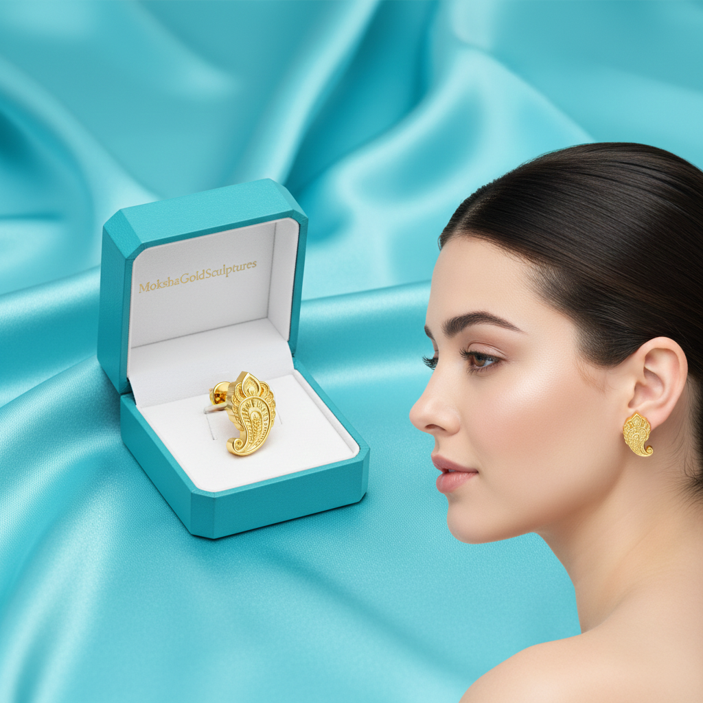 Gold Paisley Pattern Stud Earrings, Ornamental Gold Earrings, Handmade Statement Jewellery