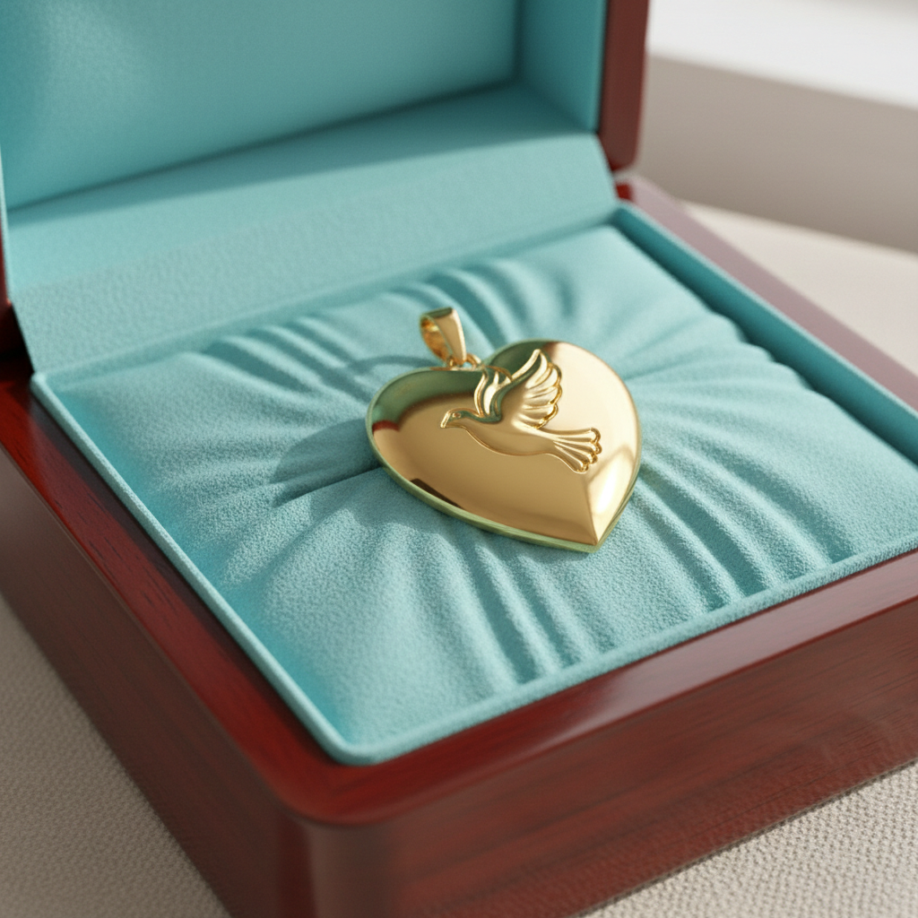 Holy Spirit Dove Heart Pendant – 30mm Polished Silver or Brass – Christian Faith Necklace, Religious 3D Relief Charm