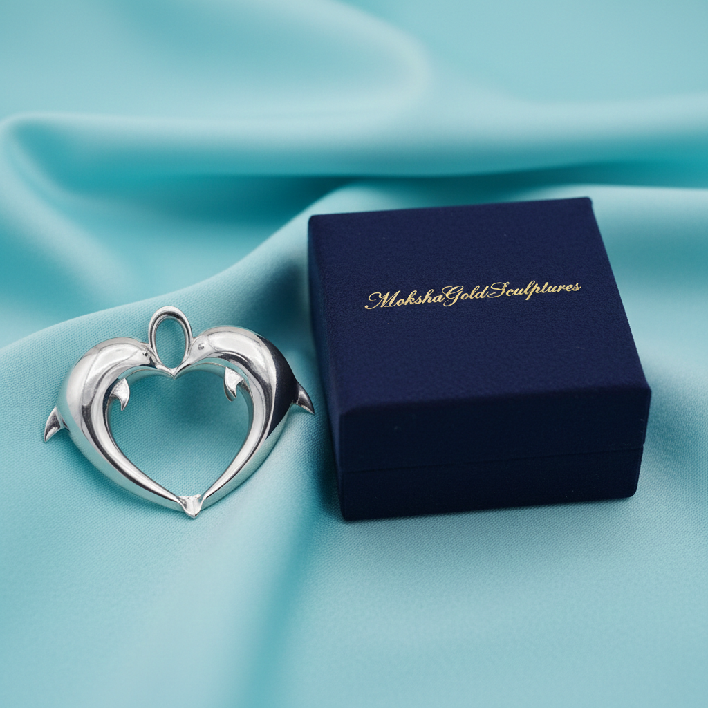 Double Dolphin Heart Pendant with Integrated Bail – Polished Silver or Brass – 29 x 24 mm