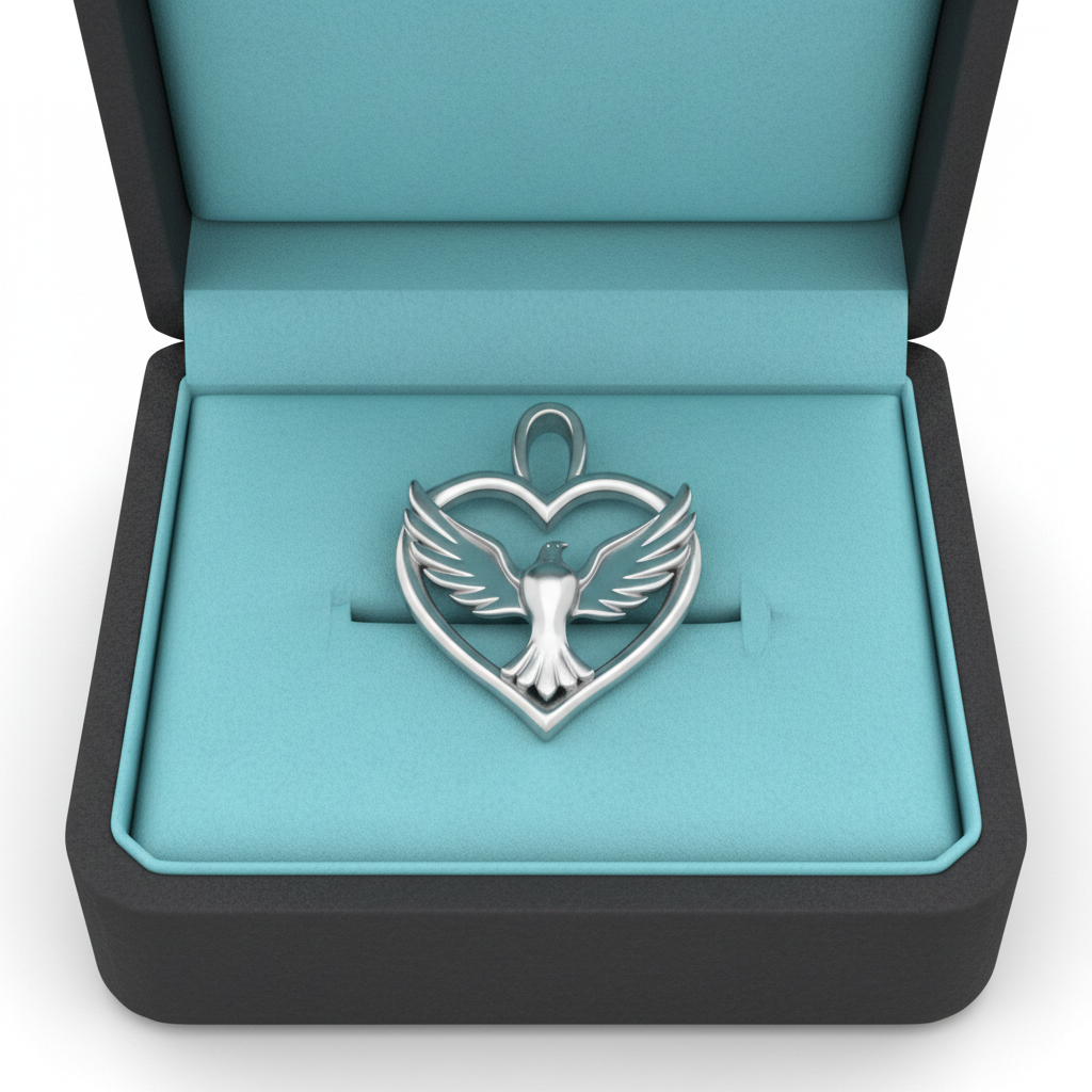 Holy Spirit Dove Heart Pendant – 35mm Polished Silver or Brass – Religious Charm, Christian Jewelry, 3D Relief Pendant