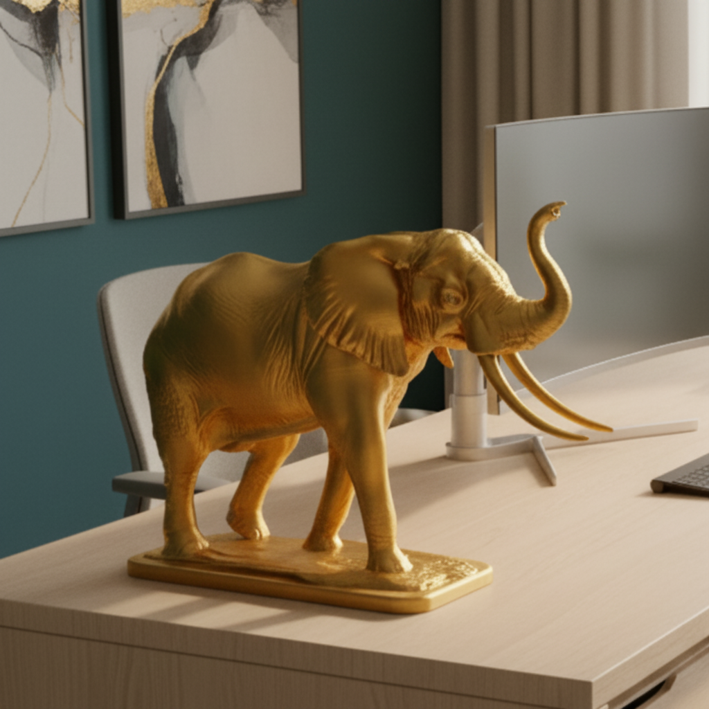 The Majestic Elephant Sculpture in gold PLA finish by MokshaGoldSculptures, desk display with modern decor.