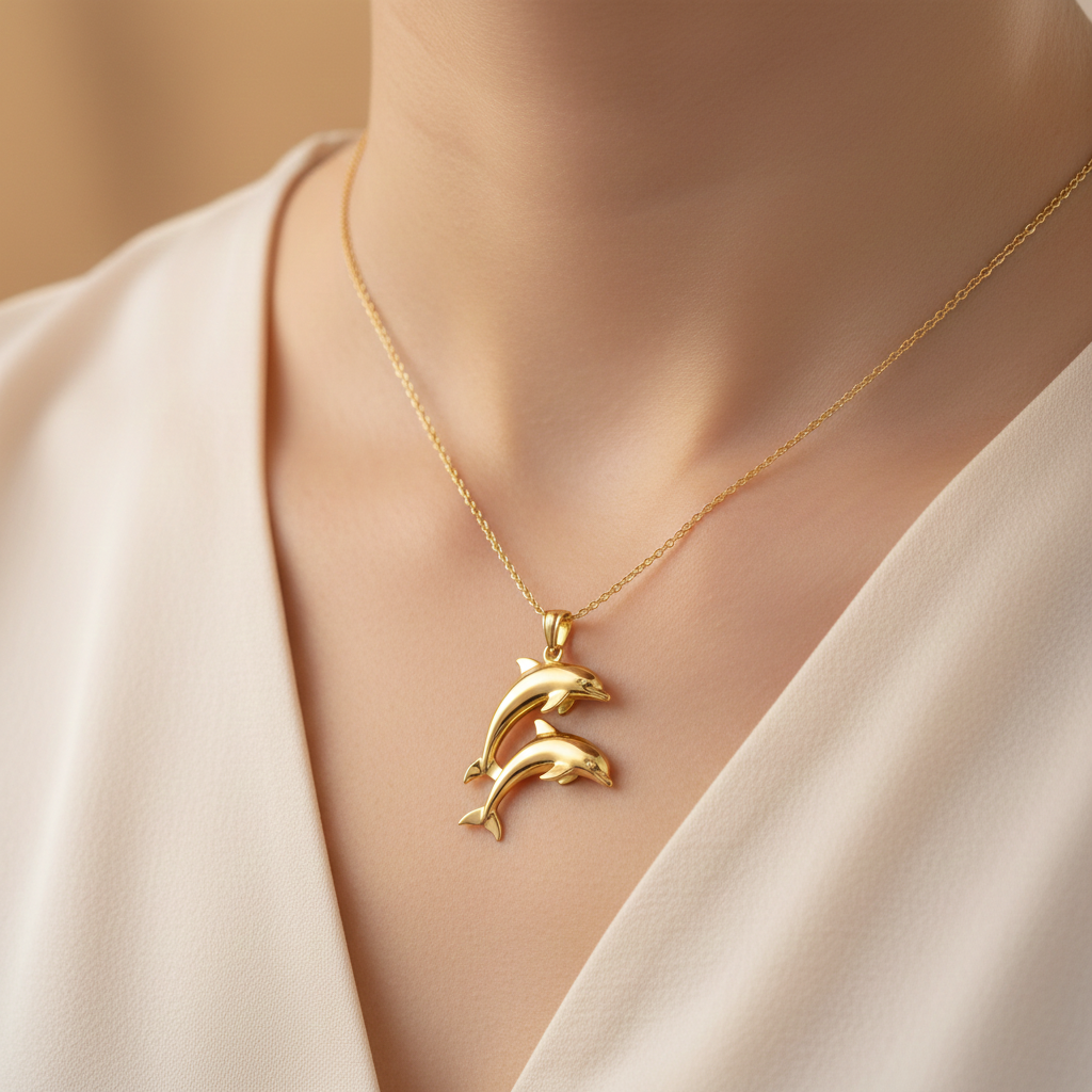 Two Dolphin Pendant Necklace | 18k Gold Plated or 925 Sterling Silver | Ocean Jewellery
