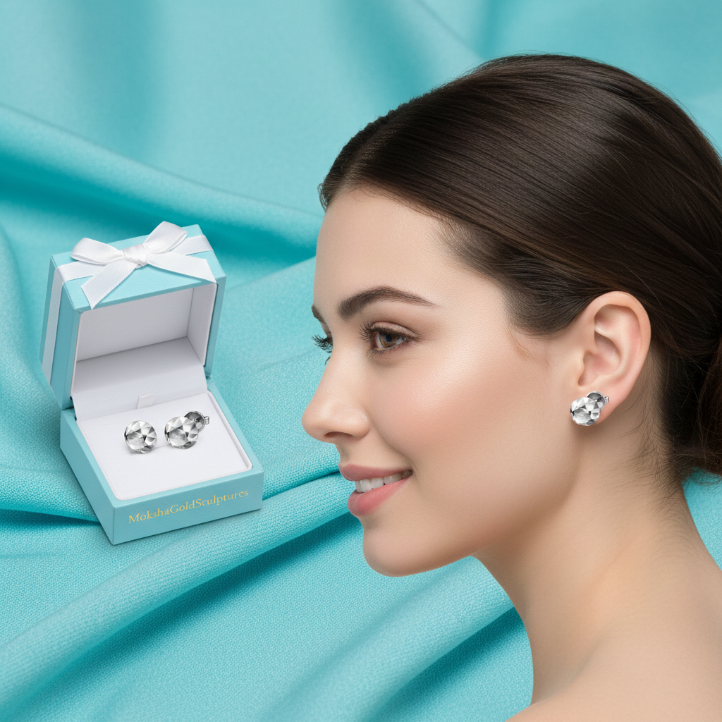 Faceted Round Stud Earring – 10mm Geometric Dome Stud in Polished Silver / Polished Brass