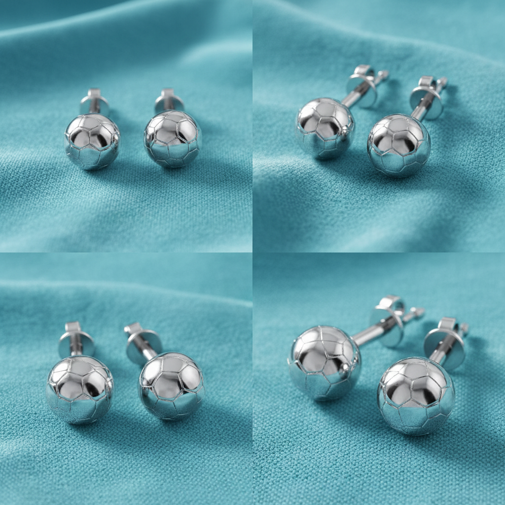 Football Stud Earrings – 10mm Soccer Ball Stud Earrings in Polished Silver / Polished Brass