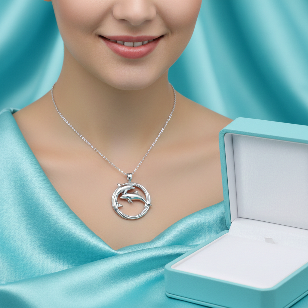 Polished Dolphin Circle Pendant with Bail – Classic Double Dolphin Necklace Charm – 29 x 23 mm