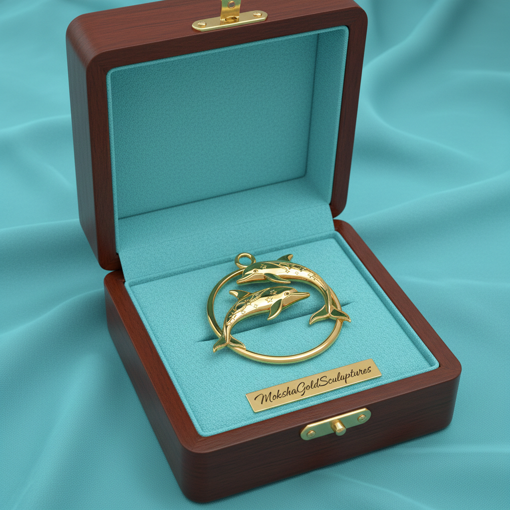 Polished Gold Dolphin Circle Pendant – Celestial Double Dolphin Necklace Charm – 25 x 23 mm