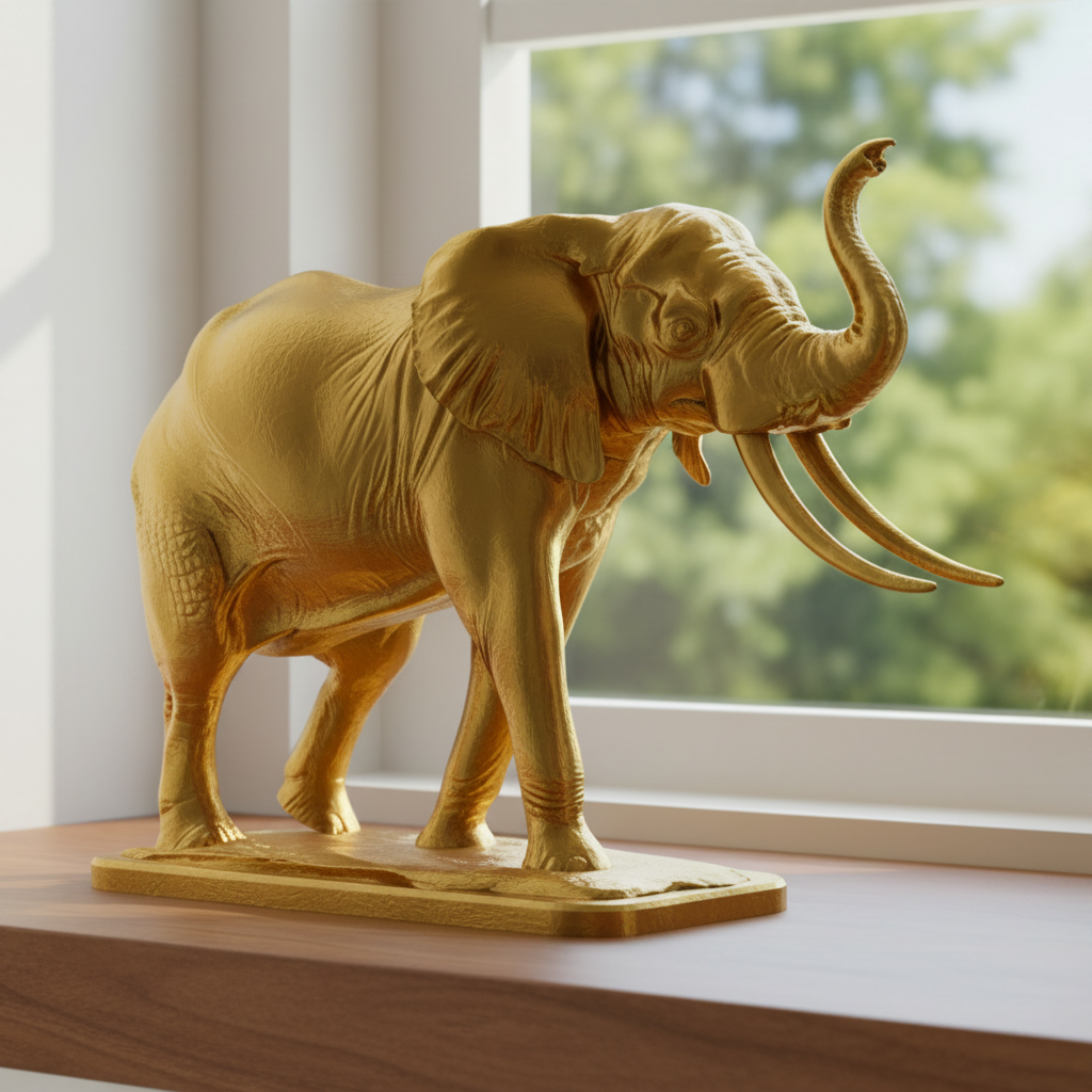 The Majestic Elephant Sculpture in gold finish by MokshaGoldSculptures, handmade PLA decorative statue.
