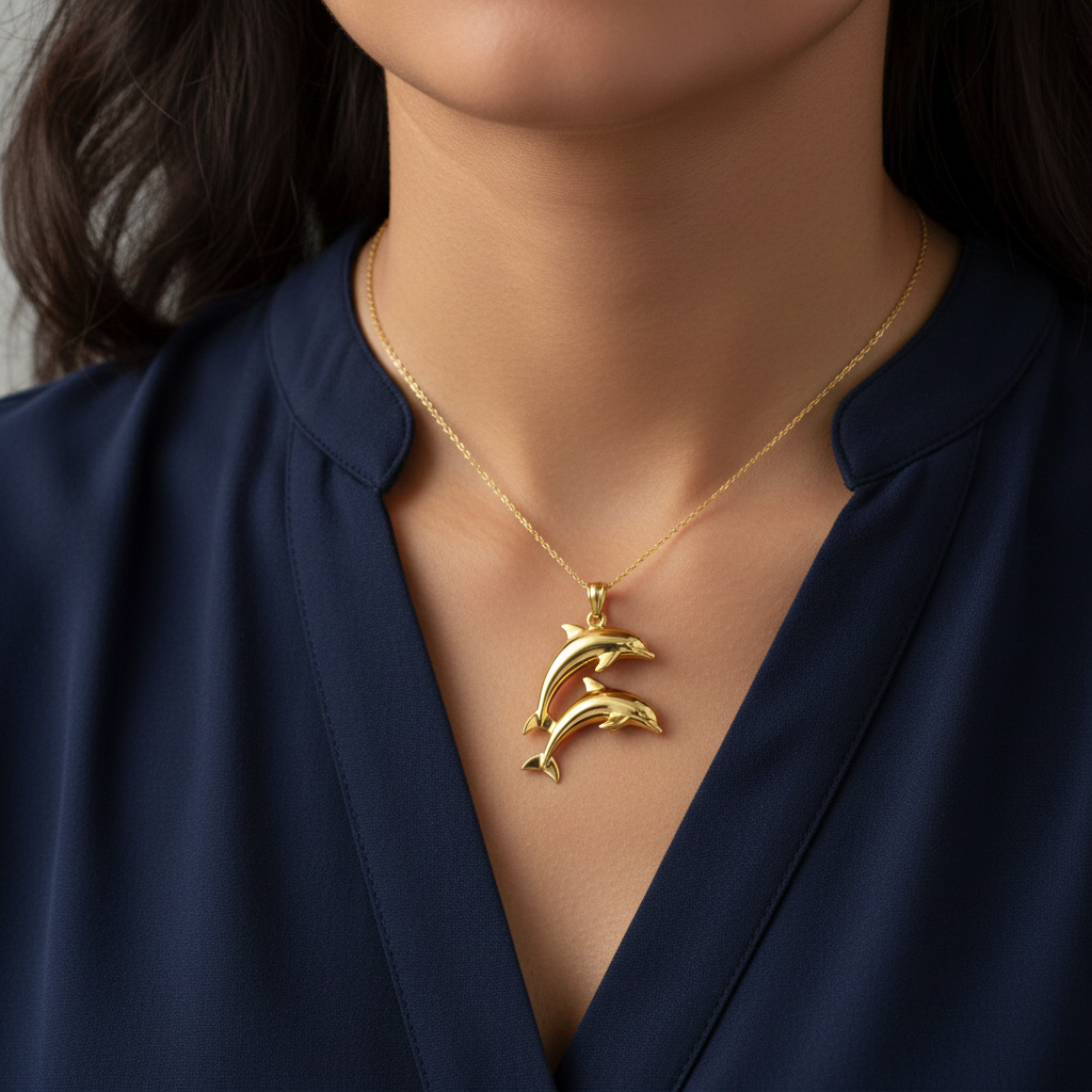 Two Dolphin Pendant Necklace | 18k Gold Plated or 925 Sterling Silver | Ocean Jewellery