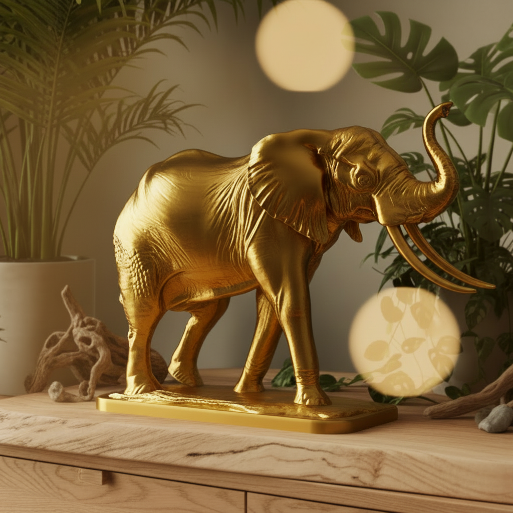 The Majestic Elephant Sculpture in gold PLA by MokshaGoldSculptures, handmade with elegant finish.