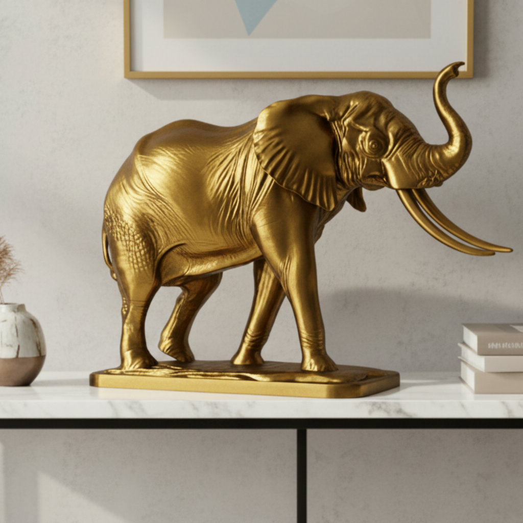 The Majestic Elephant Sculpture in gold finish by MokshaGoldSculptures displayed on marble console.