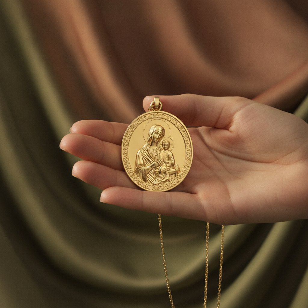 Virgin Mary & Child Coin Pendant Necklace | Blessed Mother Medallion | Christian Jewelry in 18K Gold, Sterling Silver or Yellow Brass