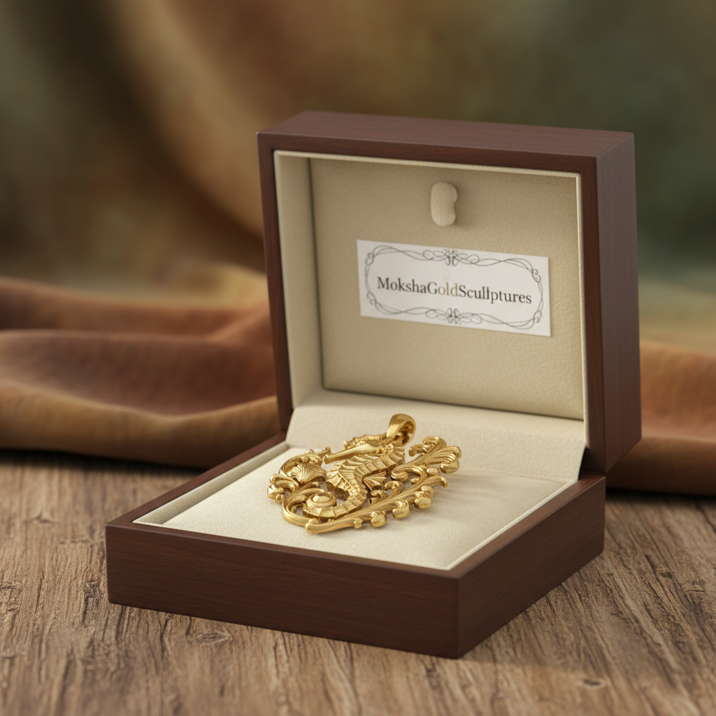 The Seahorse Pendant Necklace by MokshaGoldSculptures in gold, silver, or brass finish, shown in a velvet-lined box.