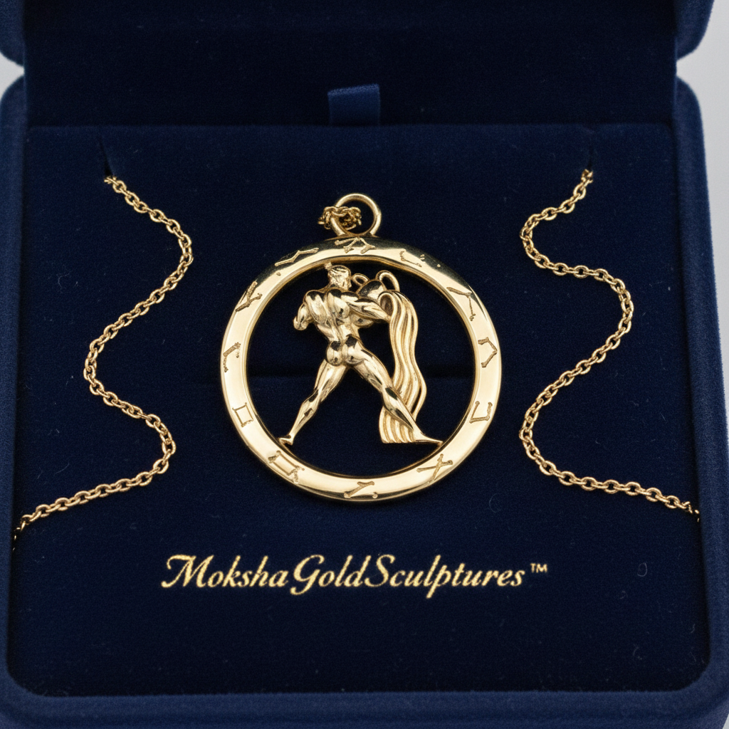 Aquarius Zodiac Pendant Necklace in 9K gold, silver, or brass by MokshaGoldSculptures in a dark blue velvet box.