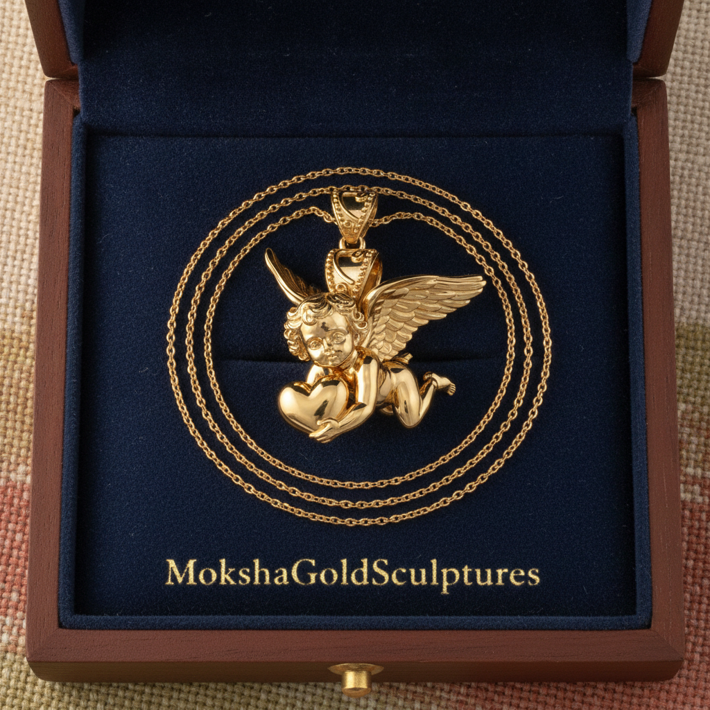 Golden Cherub with Heart Pendant Necklace | Angel of Love & Protection | 9K Gold, Sterling Silver or Polished Brass | Handmade Religious Jewelry Gift
