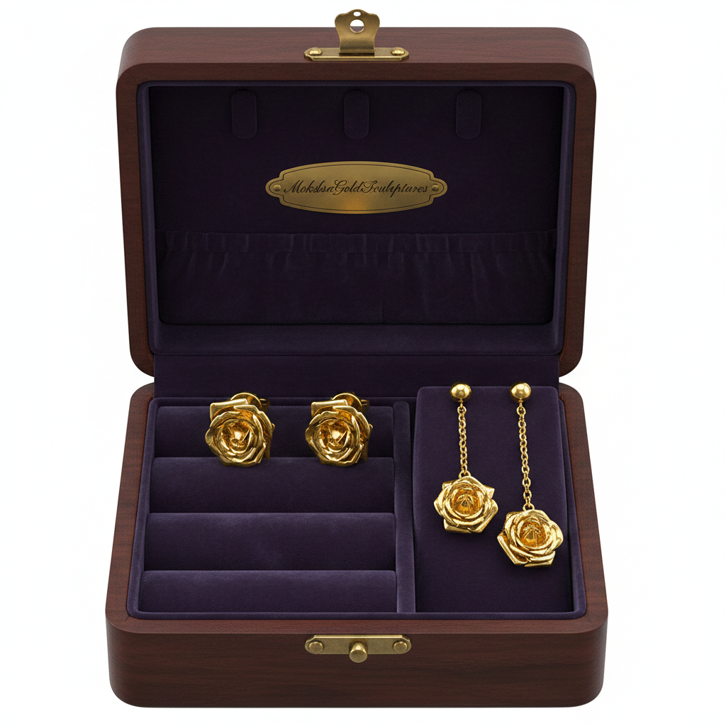 Polished Brass Rose Stud Earrings by MokshaGoldSculptures in a wooden box with dark velvet interior.