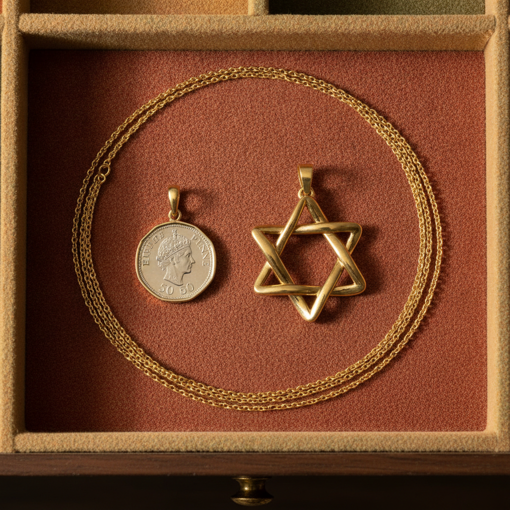 Interlaced Star of David Pendant Necklace in 18K gold and sterling silver by MokshaGoldSculptures, in brown velvet box.