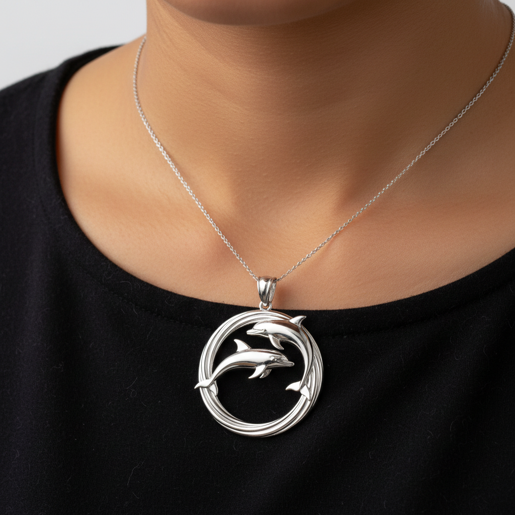 Dolphin Pendant Necklace in sterling silver by MokshaGoldSculptures, featuring two dolphins in a circular design.