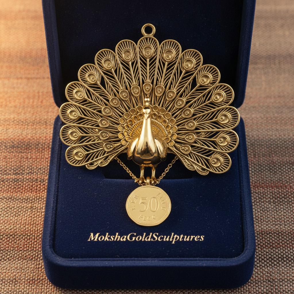 The Peacock Pendant Necklace in 9K gold by MokshaGoldSculptures, detailed peacock design, polished finish.