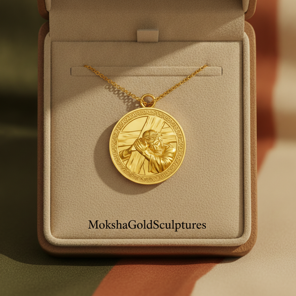 The Jesus Carrying the Cross Medallion Pendant in 9K gold by MokshaGoldSculptures, polished finish.