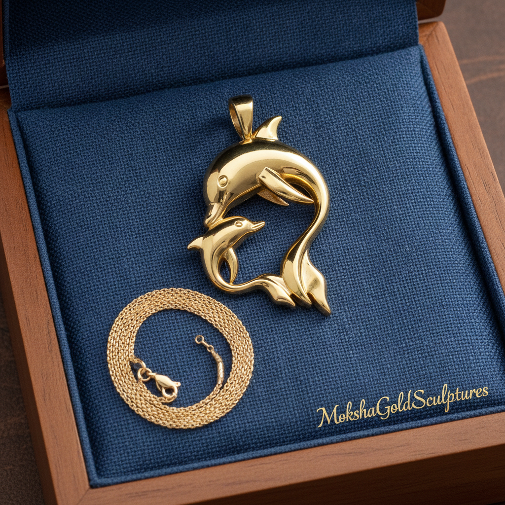 The Dolphin Mother & Baby Pendant Necklace in 18K white gold high polish by MokshaGoldSculptures, heart-shaped dolphins.