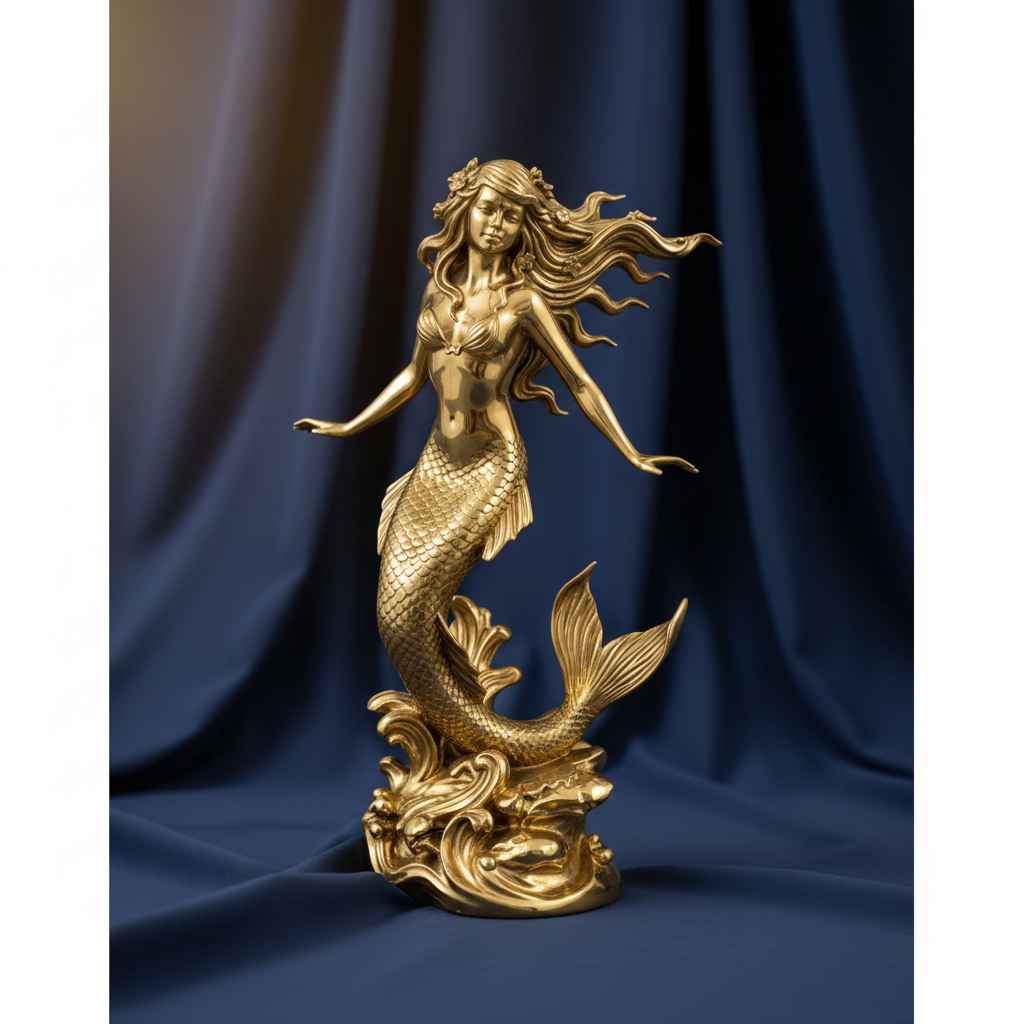 Mermaid Sculpture in polished brass by MokshaGoldSculptures, flowing hair and scales, luxury nautical decor.
