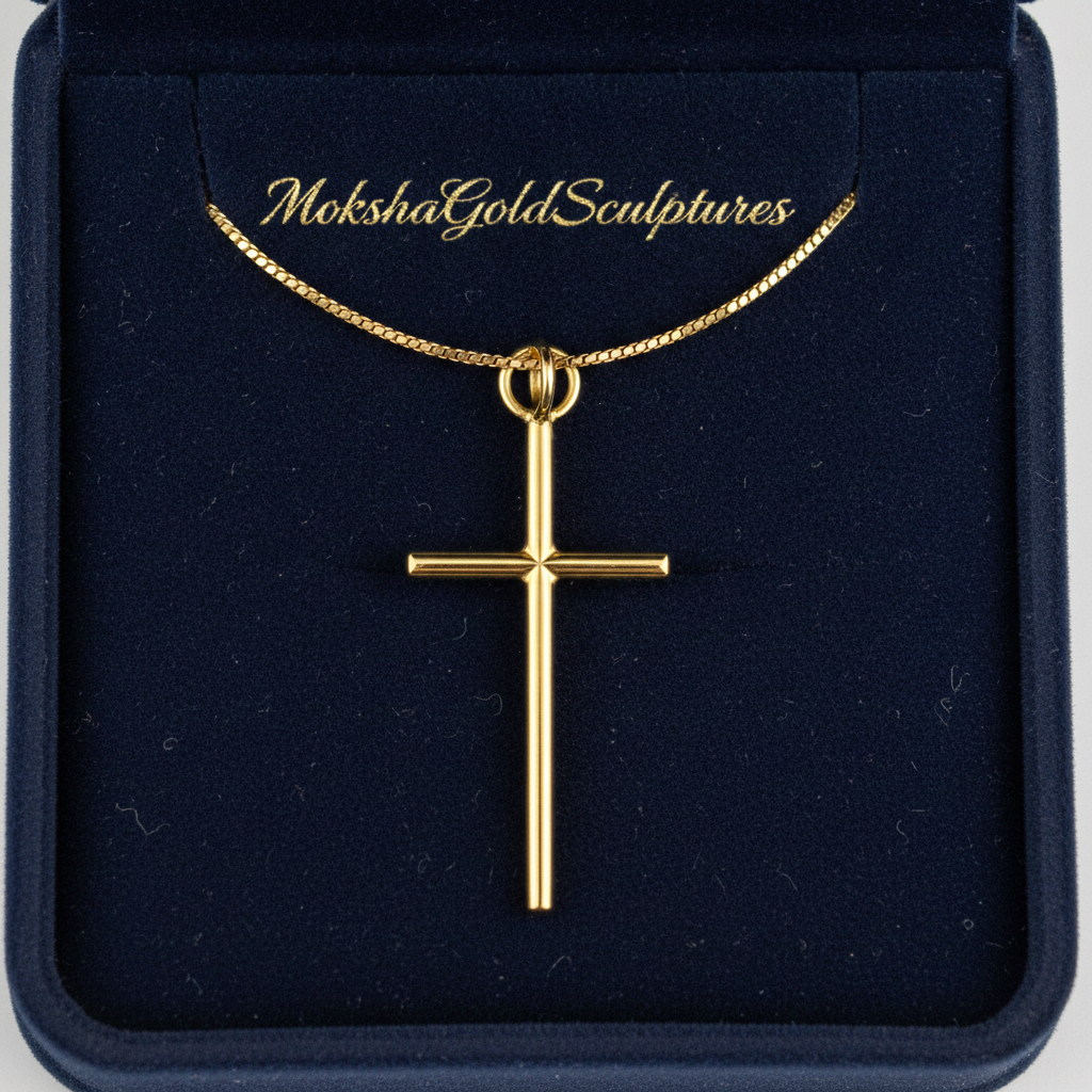 The Minimalist Cross Pendant Necklace in 9K gold by MokshaGoldSculptures, shown in blue velvet box with gold branding.