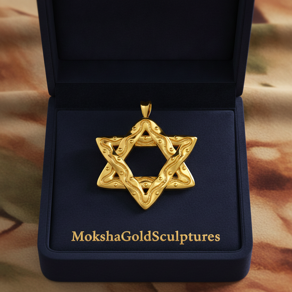 The Interwoven Star of David Pendant Necklace in polished yellow brass by MokshaGoldSculptures in a navy jewelry box.