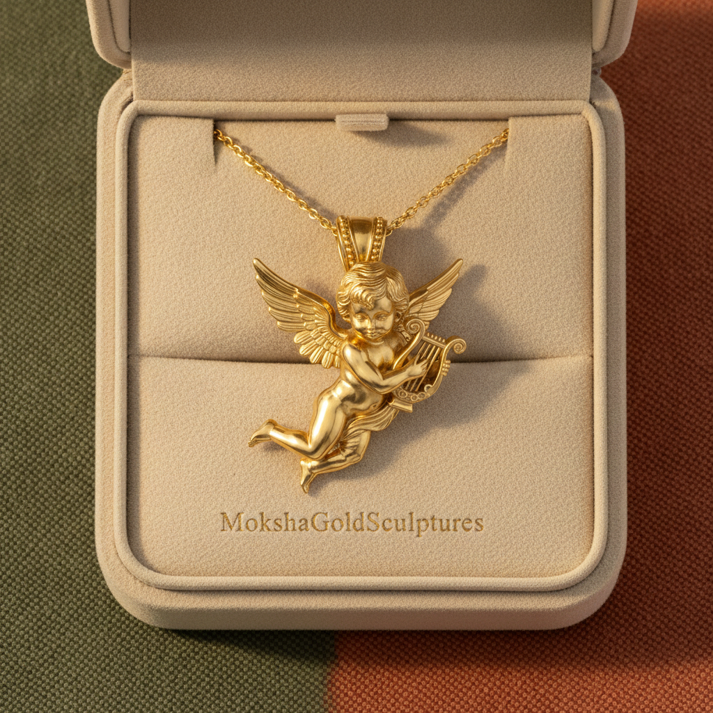 Golden Cherub Harp Pendant Necklace, Guardian Angel Jewelry, 9K Gold Angel Pendant, Sterling Silver Cherub Necklace, Religious Gift