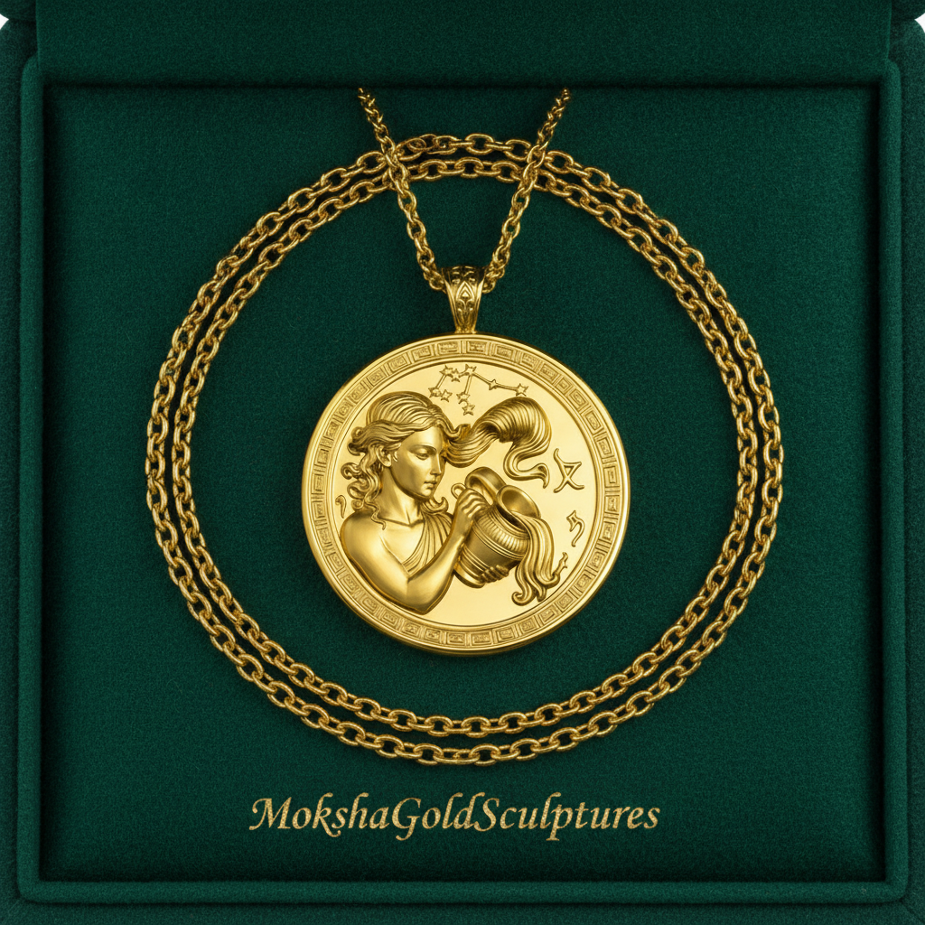 Aquarius Zodiac Pendant Necklace in 9K gold, sterling silver, or yellow brass by MokshaGoldSculptures.