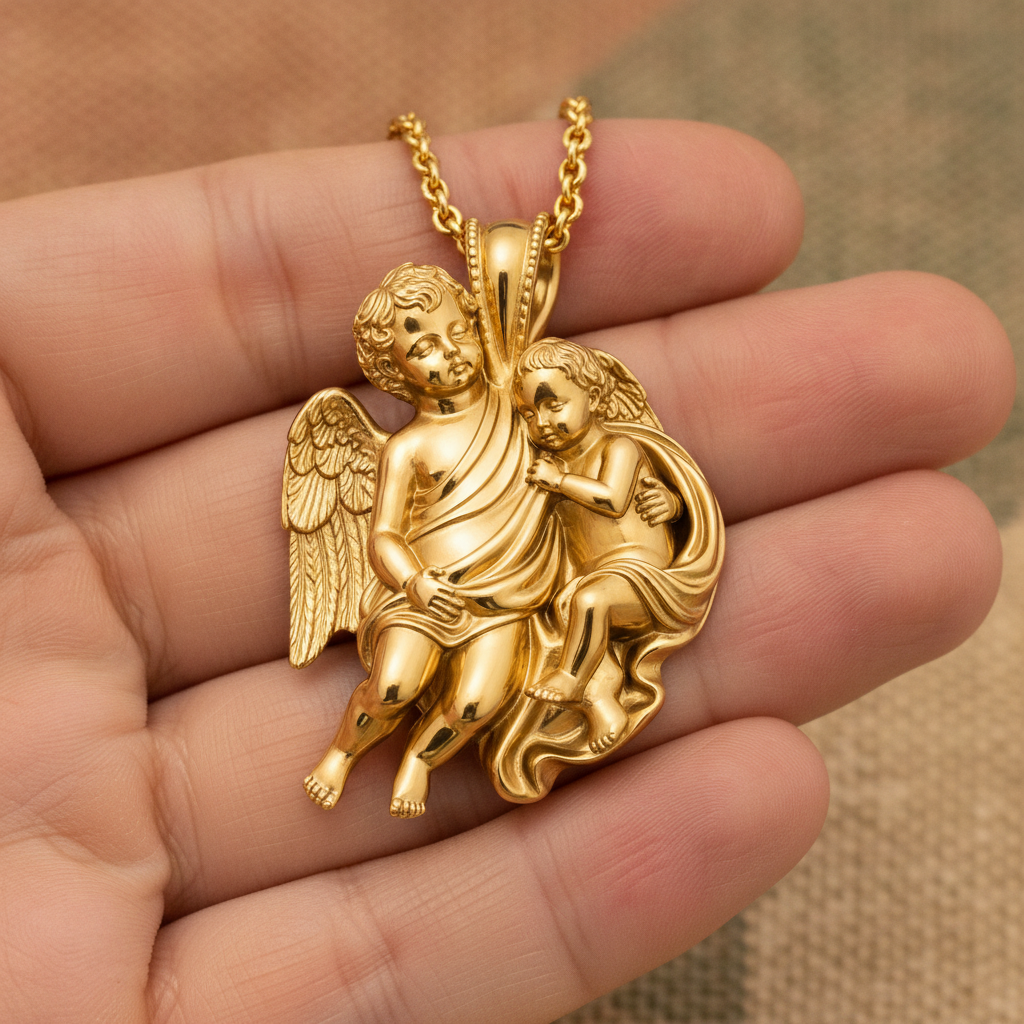 Golden Cherub Duo Pendant Necklace | Guardian Angel Jewelry | 9K Gold, Sterling Silver & Yellow Brass | Handmade Religious Gift