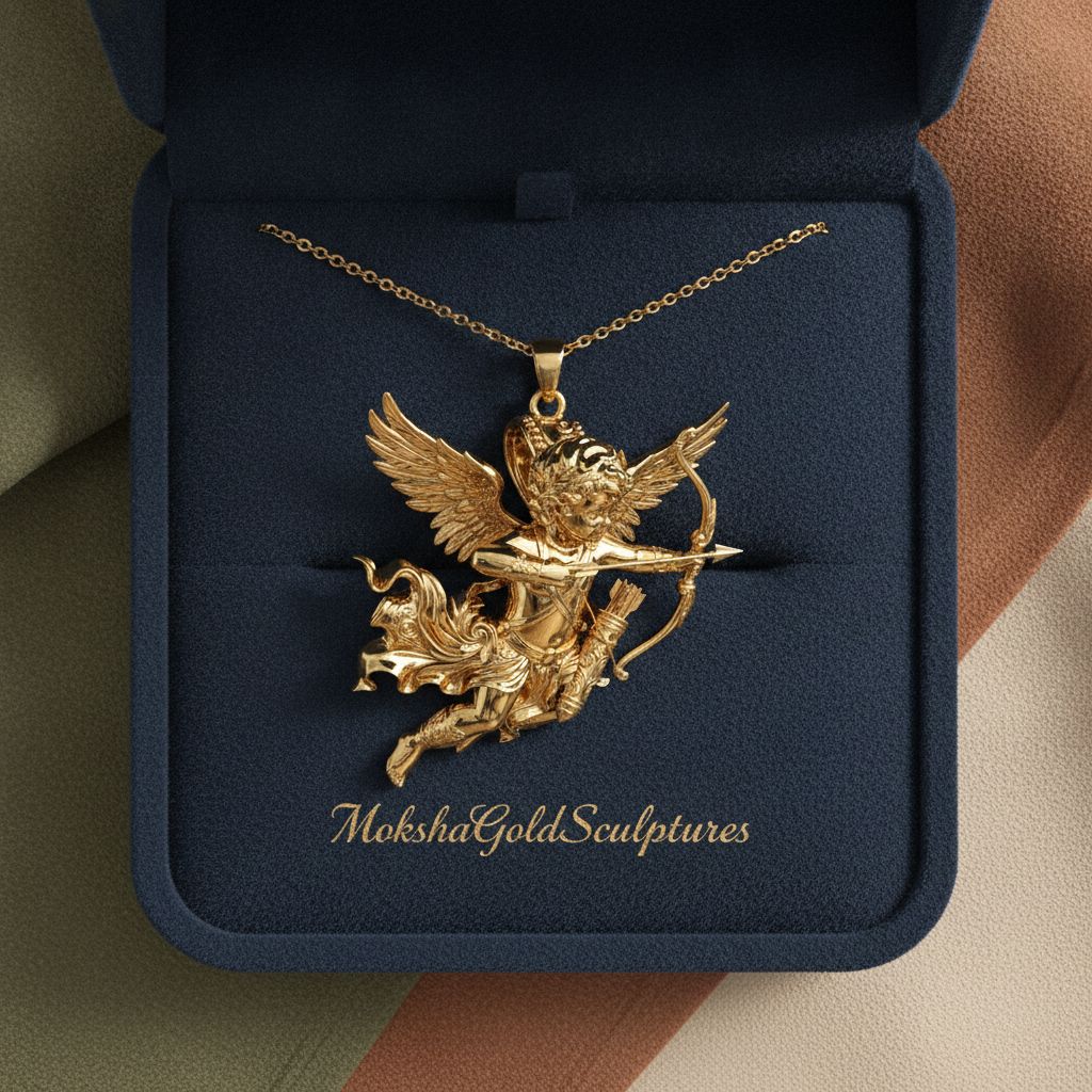 Winged Cupid Archer Pendant Necklace | Cherub Angel with Bow & Arrow | Handmade in 9K Gold, Sterling Silver & Yellow Brass