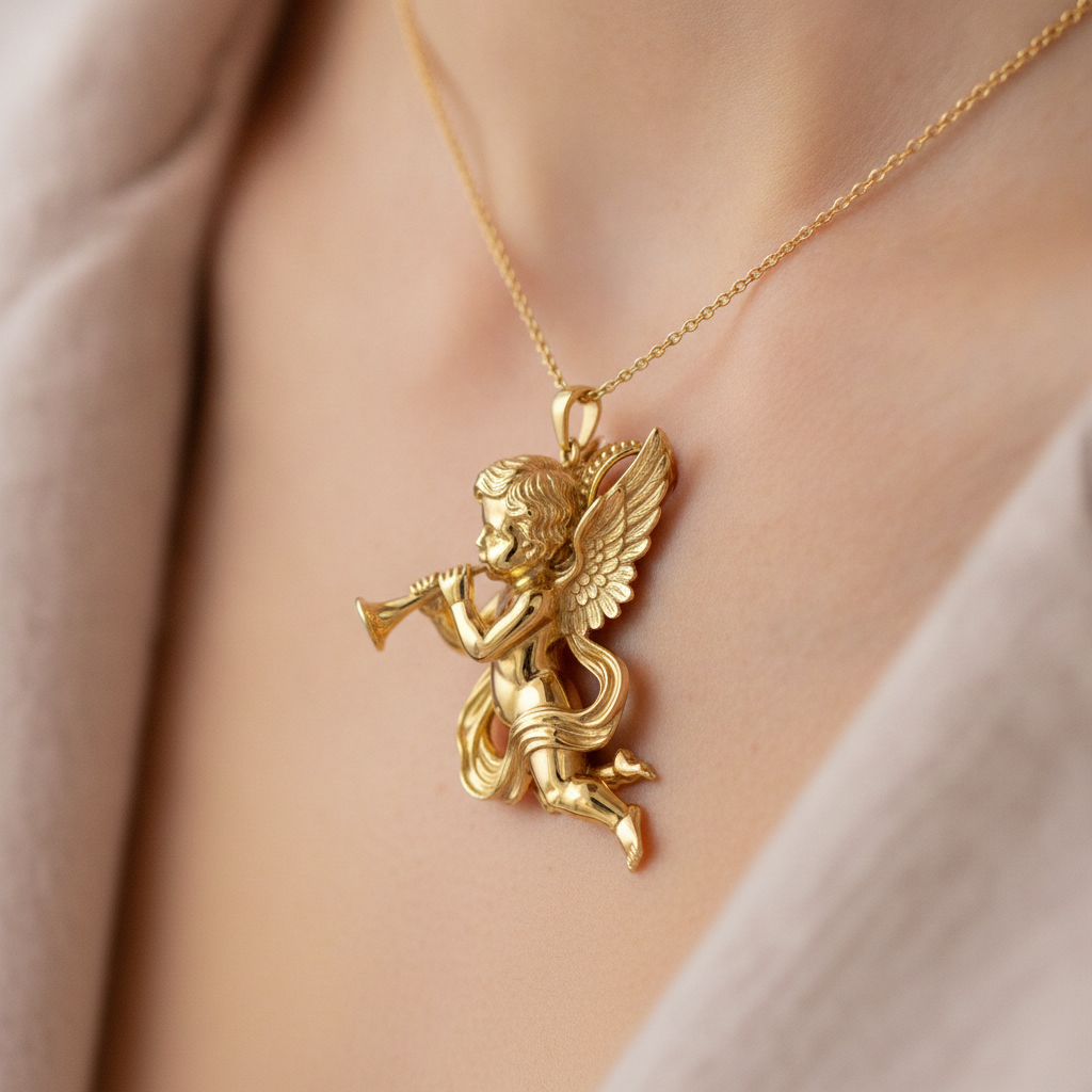 Golden Cherub Flute Pendant Necklace | Guardian Angel Jewelry | 9K Gold, Sterling Silver & Yellow Brass